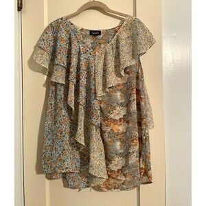 GiGiO USA Women’s Blue Floral Chiffon Ruffle Flutter Sleeve V-Neck Blouse M